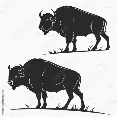 Silhouette illustration of two bison grazing on grass in black and white