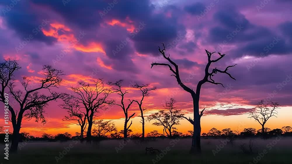 Majestic sunset over a silhouette of barren trees in an open savanna landscape, showcasing vibrant colors Majestic sunset over a silhouette of barren trees in an open savanna landscape, showcasing vibrant colors