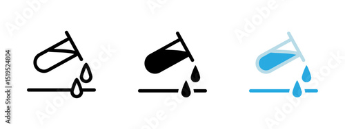 Chemicals icon. Laboratory beaker pouring corrosive liquid with hazardous drops vector illustration. Symbol of chemical danger and acid exposure. Laboratory safety and toxic substance pictogram.