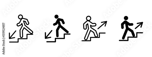 Stairs direction icon. Person walking up and down stairs with directional arrows vector illustration. Step navigation and movement indication symbol. Entrance, exit and alert guidance pictogram.