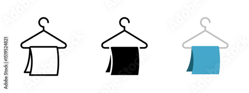 Hanger icon. Clothes hanger with hanging towel vector illustration. Bathroom or laundry accessory for drying fabric symbol. Hygiene and textile care sign. Home interior pictogram.