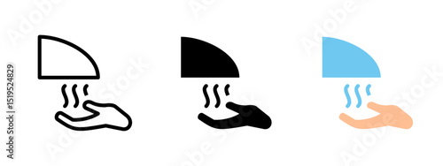 Hand dryer icon. Airflow from wall-mounted device drying hand vector illustration. Touchless hygiene equipment for public restrooms symbol. Automatic sanitation sign. Clean air pictogram.