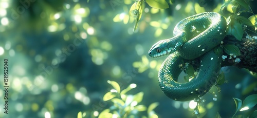 Green snake resting on branch surrounded by lush foliage and soft sunlight
