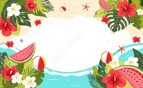 colorful summer sale banner featuring tropical leaves, flowers, watermelon slices, beach balls,summer background