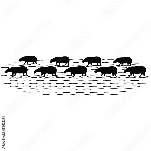 Silhouette of tapirs in a watery environment black and white illustration