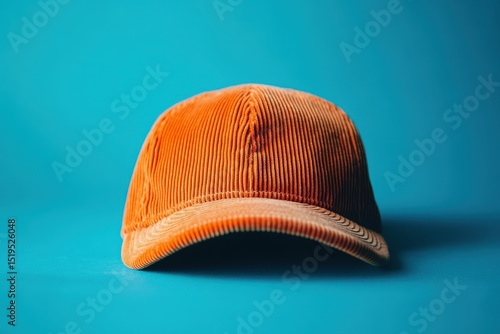 A corduroy baseball cap sits on a teal background.