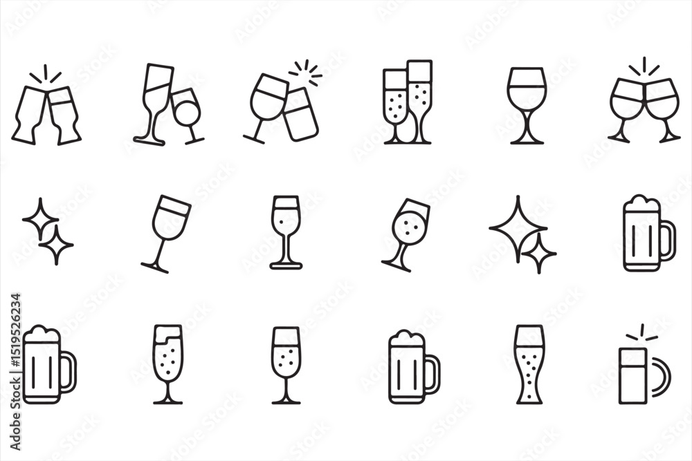 Party Cheers and Toasting Drink Icons with Wine, Champagne, and Beer Glasses Party Cheers and Toasting Drink Icons with Wine, Champagne, and Beer Glasses