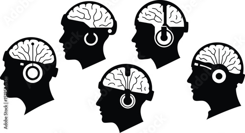 Five black silhouette profiles with exposed brains and headgear on a white background illustration