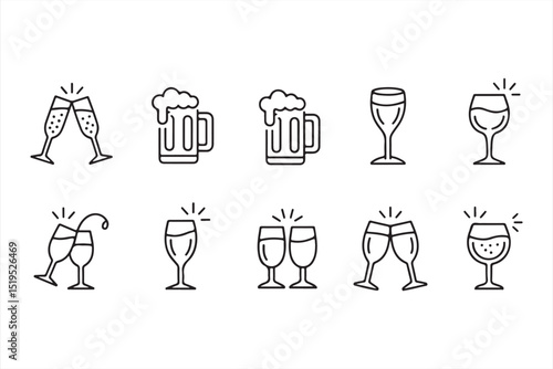 Festive Toasting and Drink Glass Icons for Celebrations and Cheers