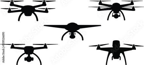 A collection of five drone silhouettes, each with varying designs, displayed against a white background