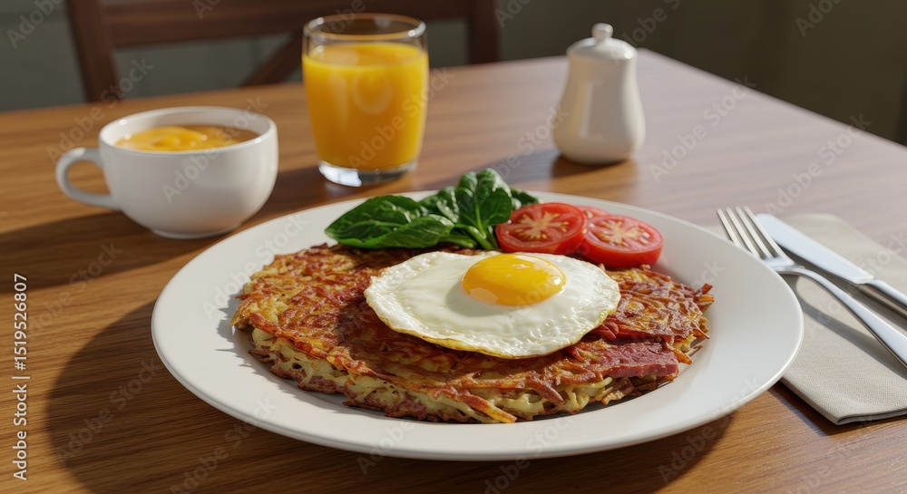 Delicious breakfast plate with crispy potato hash browns, fresh tomatoes, spinach, sunny-side-up egg, orange juice, and yogurt served on a wooden table Delicious breakfast plate with crispy potato hash browns, fresh tomatoes, spinach, sunny-side-up egg, orange juice, and yogurt served on a wooden table