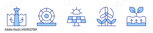hydraulic energy, geothermal energy, solar panel, tidal power, windmill. Renewable energy Icon vector illustration. Line Duotone style. Editable stroke