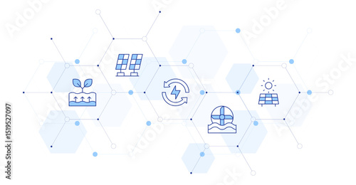 Renewable energy Banner Vector Illustration with Icon Style in Between. Line Duotone icon. Containing. geothermal energy, solar panel, renewable energy, water mill