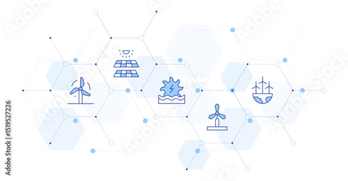 Renewable energy Banner Vector Illustration with Icon Style in Between. Line Duotone icon. Containing. wind power, solar panel, ocean energy, windmill, eolic energy