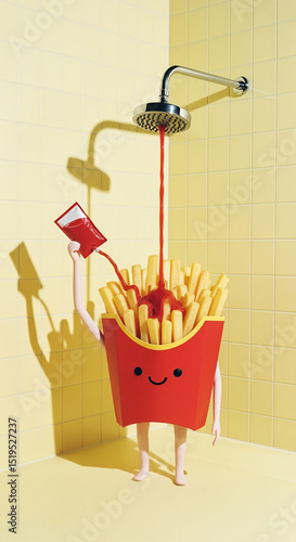 French Fries Taking a Ketchup Shower in a Yellow Bathroom