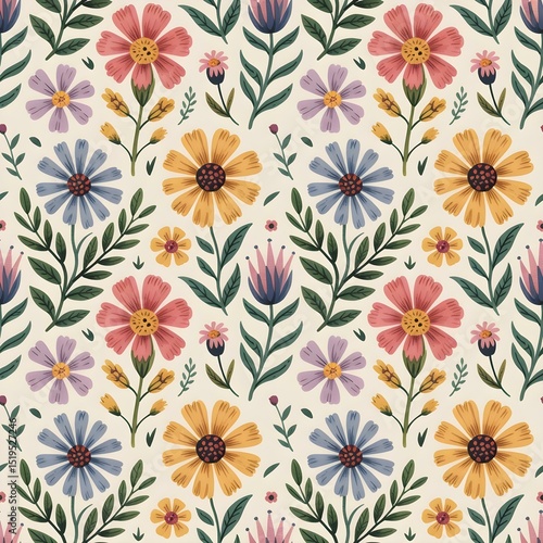 Wallpaper Mural Colorful floral pattern vibrant botanical illustration Torontodigital.ca