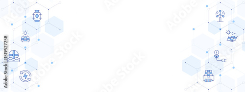 Renewable energy Banner Vector Illustration with Two-sided Icon Style. Line Duotone icon. Containing. biogas, solar panel, water mill, renewable energy, solar power, eco energy, eolic energy