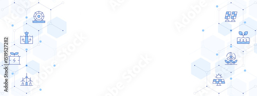 Renewable energy Banner Vector Illustration with Two-sided Icon Style. Line Duotone icon. Containing. hydraulic energy, tidal power, eco energy, wind turbine, solar panel, windmill, geothermal energy