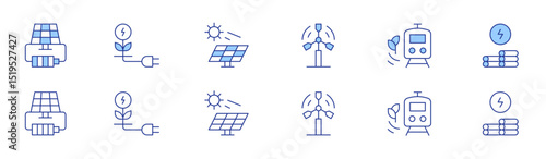 Renewable energy icon set in two styles, Duotone and Thin Line style. Editable stroke. solar power, eolic energy, eco energy, renewable energy, solar panel, biomass