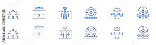Renewable energy icon set in two styles, Duotone and Thin Line style. Editable stroke. wind turbine, hydraulic energy, eco energy, solar panel, tidal power, windmill