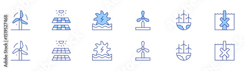 Renewable energy icon set in two styles, Duotone and Thin Line style. Editable stroke. wind power, windmill, solar panel, eolic energy, ocean energy, water energy