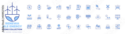 Renewable energy icons collection. Line Duotone style, editable stroke. geothermal energy, water mill, solar power, eolic energy, solar panel, renewable, eco energy, renewable energy
