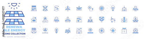Renewable energy icons collection. Line Duotone style, editable stroke. solar panel, windmill, solar energy, wind energy, water mill, hydro power, windmills, wind turbine, hydraulic energy