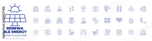 Renewable energy icons collection. Thin Line icons, editable stroke. biogas, biofuel, windmill, water mill, solar panels, solar panel, solar power, plant, sun energy, eolic energy, biomass