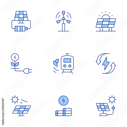 Renewable energy icons set. Line Duotone style, editable stroke. solar power, eolic energy, solar panel, eco energy, renewable energy, biomass