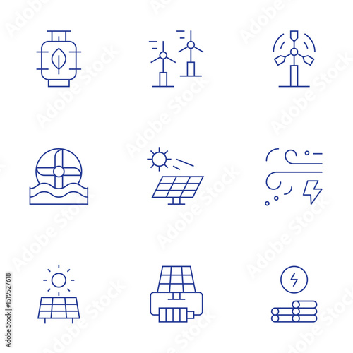 Renewable energy icons set. Thin Line style, editable stroke. biogas, windmill, water mill, solar panel, solar power, eolic energy, wind energy, biomass