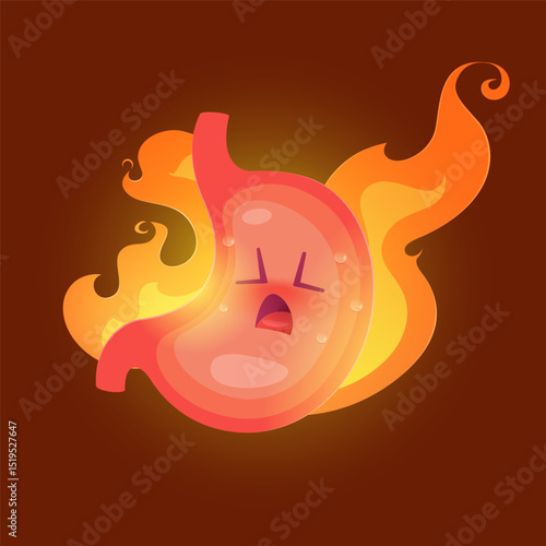 A cartoon stomach character with a fire character on it is used to show the symptom of acid reflux.