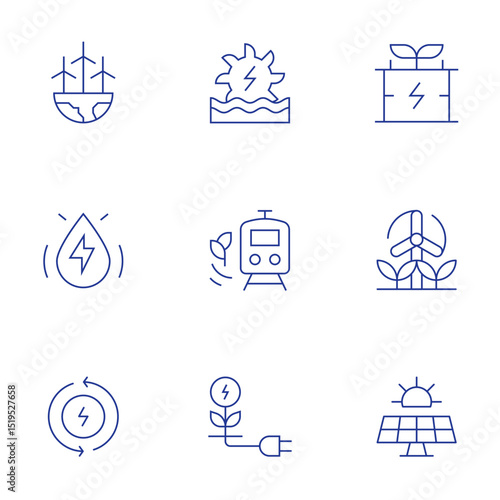 Renewable energy icons set. Thin Line style, editable stroke. eolic energy, ocean energy, renewable, renewable energy, eco energy, windmill, solar panel