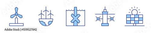 windmill, tidal power, eolic energy, solar energy, water energy. Renewable energy Icon vector illustration. Line Duotone style. Editable stroke
