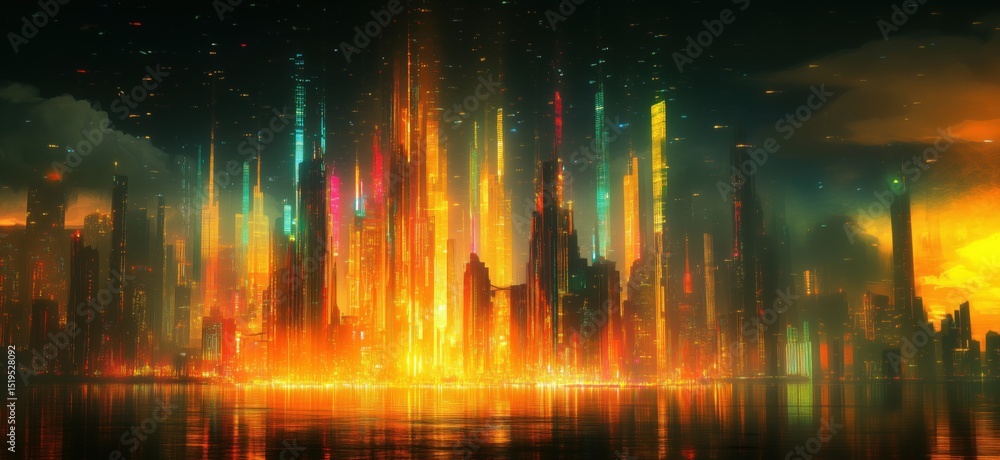 Fototapeta premium Futuristic city skyline illuminated by vibrant neon lights at sunset