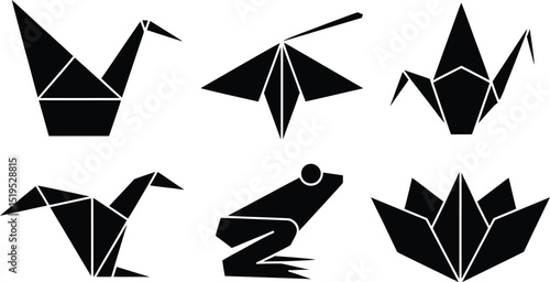 A collection of six origami figures including cranes, dragonfly, frog, and flower in black and white