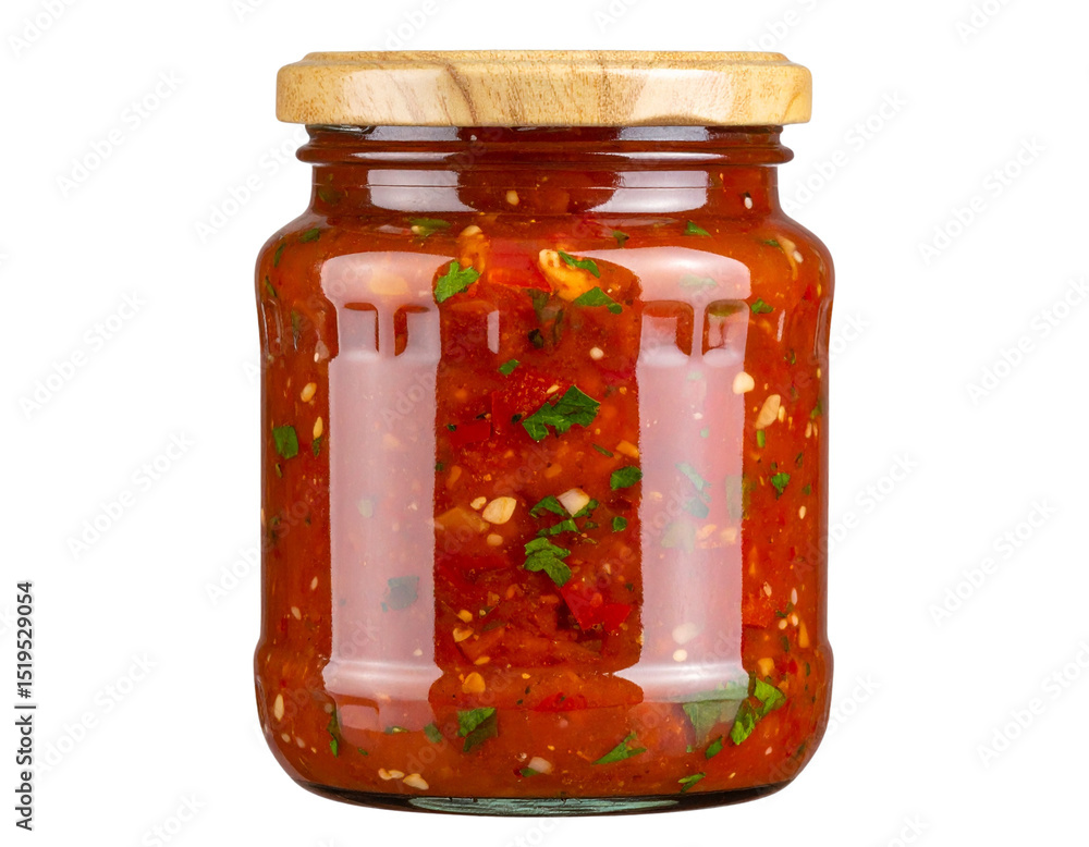 Glass Jar of Spicy Homemade Salsa with Fresh Ingredients, Isolated PNG Glass Jar of Spicy Homemade Salsa with Fresh Ingredients, Isolated PNG