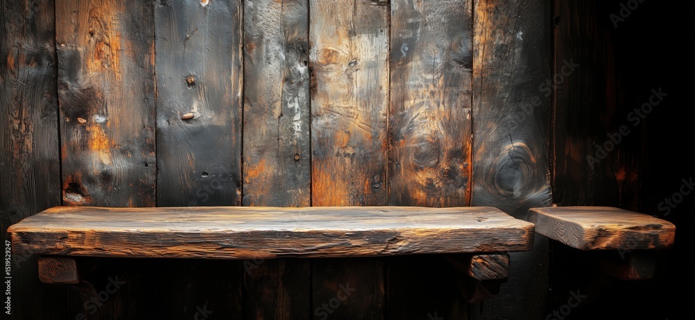 Rustic wooden shelves against dark charred wall with unique texture and grain patterns Rustic wooden shelves against dark charred wall with unique texture and grain patterns