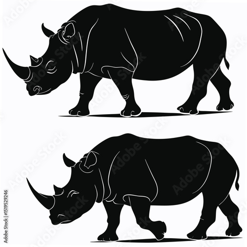 Black and white rhino vector illustration two different silhouettes walking forward