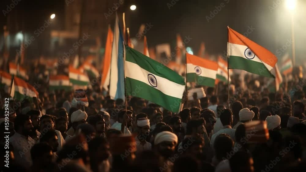 Celebrating national pride: Vibrant crowd waving Indian flags in a powerful display