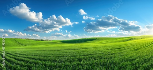Lush green rolling hills under bright blue sky with fluffy clouds