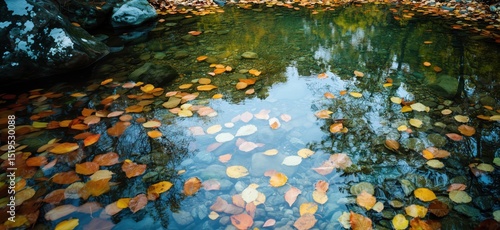 Serene autumn pond with colorful fallen leaves reflecting trees and rocks