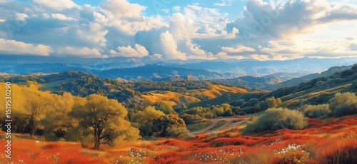 Stunning autumn landscape with vibrant red foliage and rolling hills under dramatic clouds