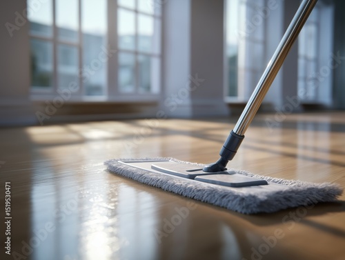 Wallpaper Mural Mop cleaning shiny wooden floor in bright room with large windows, creating serene and fresh atmosphere. sunlight enhances beauty of polished surface, evoking sense of cleanliness and order Torontodigital.ca