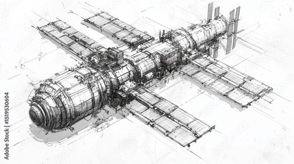 Obraz premium Conceptual drawing of a futuristic space station design featuring intricate structures and modules