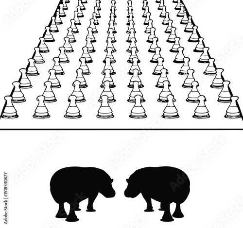 Chess pawns army faces hippo giants black and white abstract concept