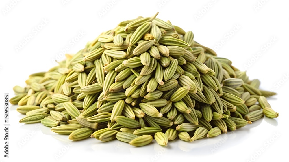 Obraz premium Dried fennel seeds pile, organic aromatic spice, herbal seasoning on white