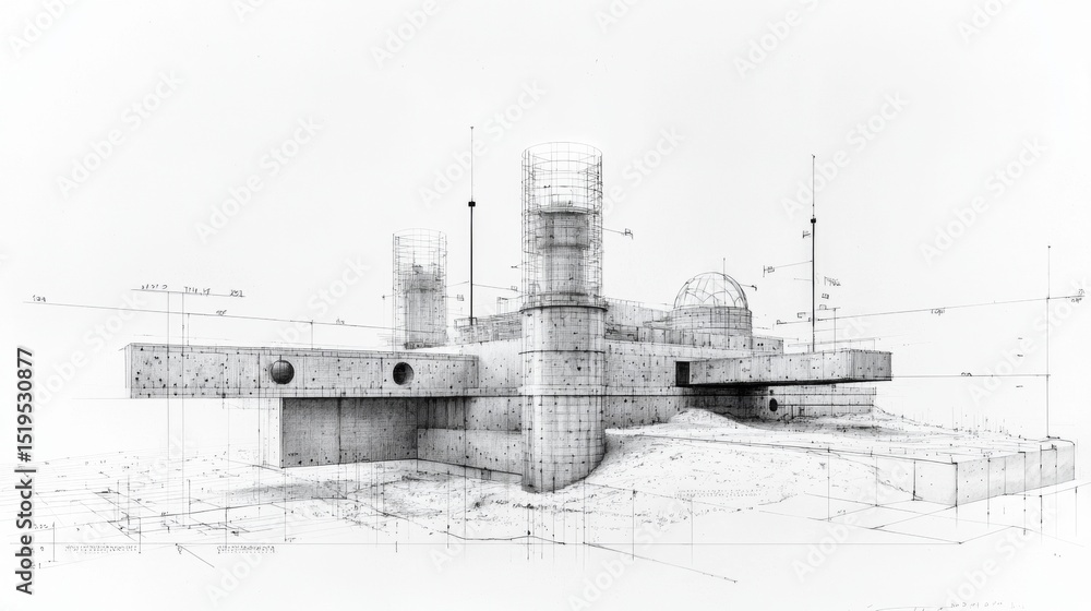 Fototapeta premium Modern architectural design of a unique concrete structure with domes and towers set against a simple background