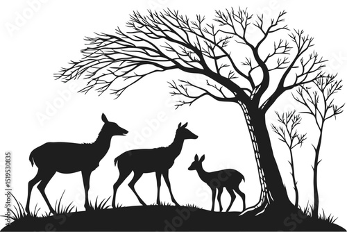Deer family silhouette under bare tree vector illustration wildlife scene