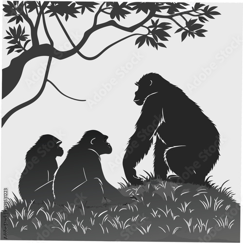 Gorilla family silhouette scene under a tree on a hill graphic