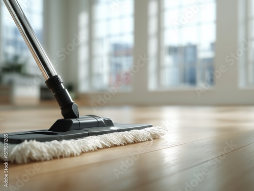 Wallpaper Mural Closeup of mop cleaning wooden floor in bright, spacious room with large windows. sunlight streams in, creating warm and inviting atmosphere Torontodigital.ca